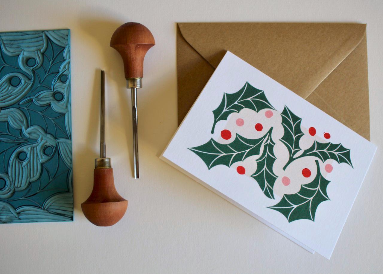 Jolly Holly Leaves & Berries Christmas Card - Single Card with Envelope