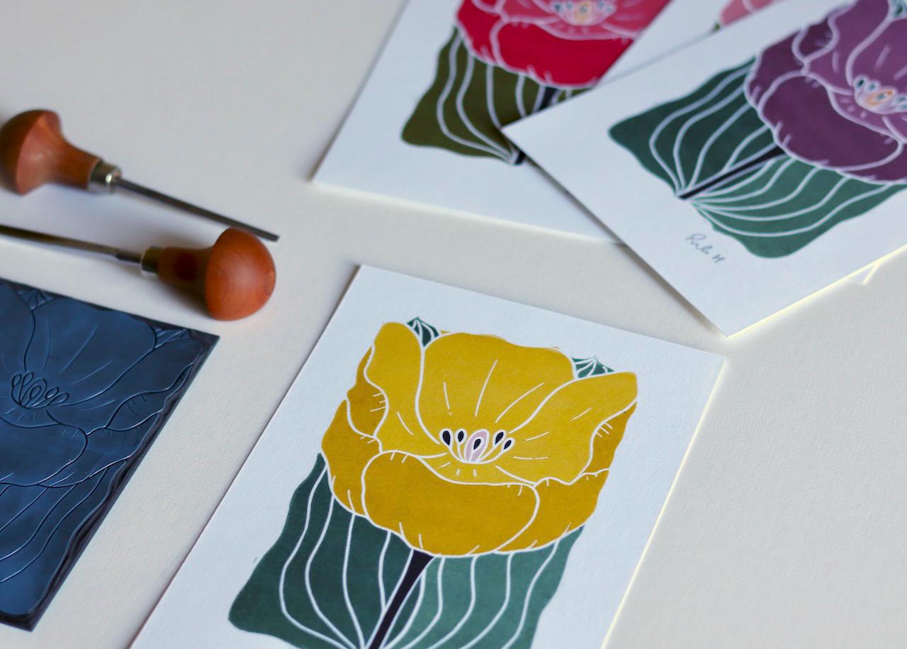 Linocut Tulip in Bloom Art Print | Yellow Tulip Spring Flower Linocut Wall Art / A5 or A4 Art Print on Cotton Paper / Tulip linocut artwork