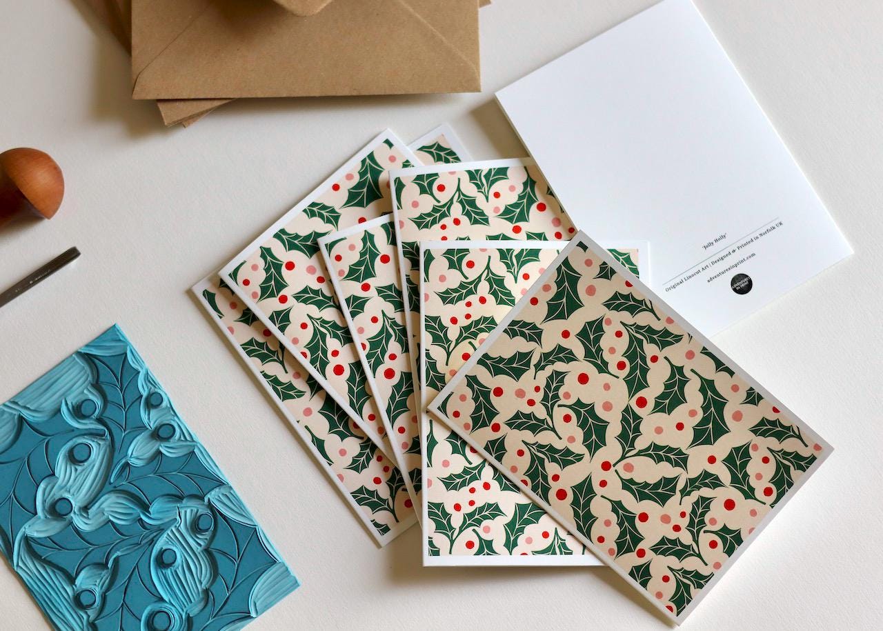 Adventures in Print notecards are carefully printed in-house, cut and creased by hand. They feature Pamela’s original linocut artwork in a modern and colourful palette.