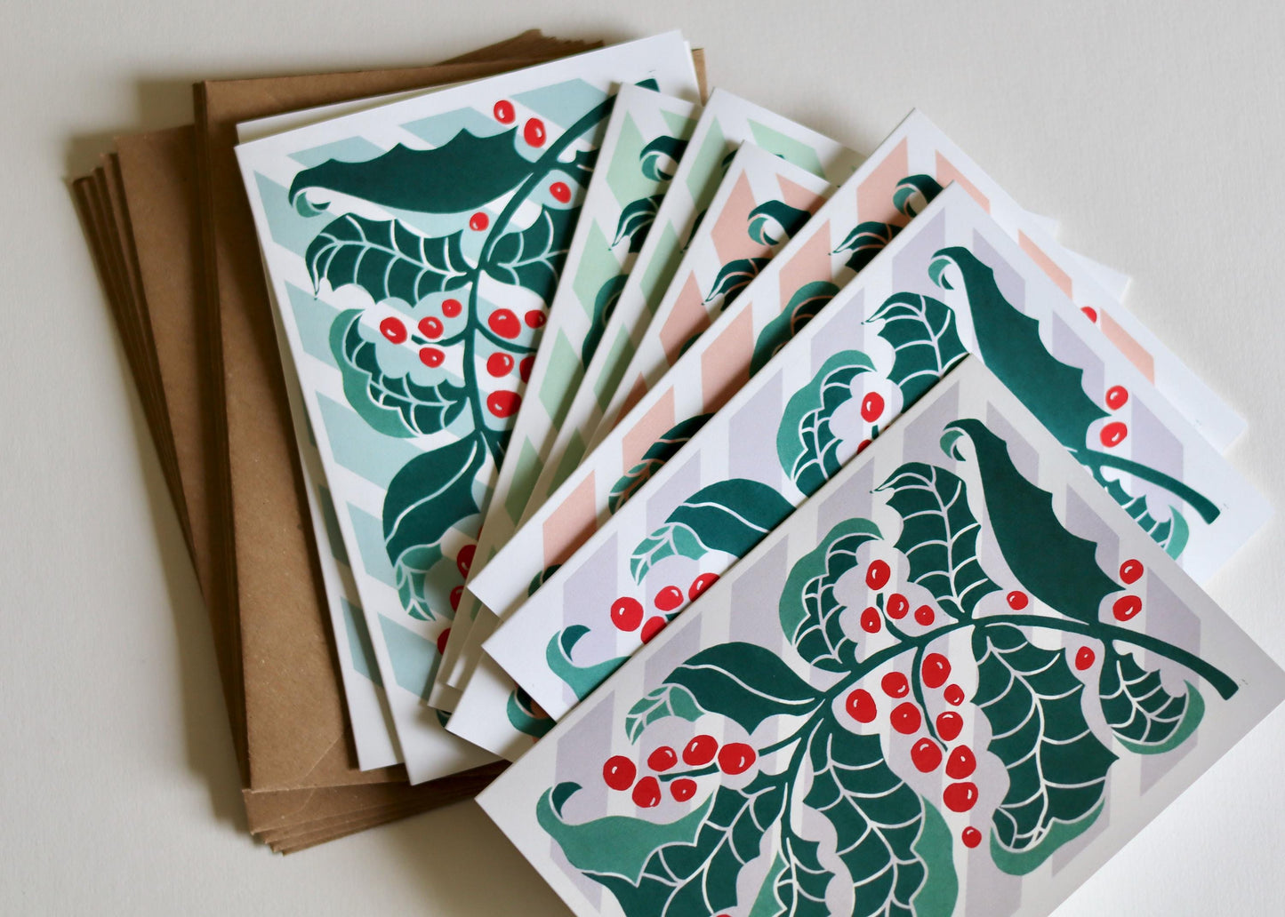 Candy Stripes & Holly Leaves Linocut Notecards - Set of 8 | Winter Holly Leaves Note Cards / Pastel Festive Christmas Card Set and Envelopes