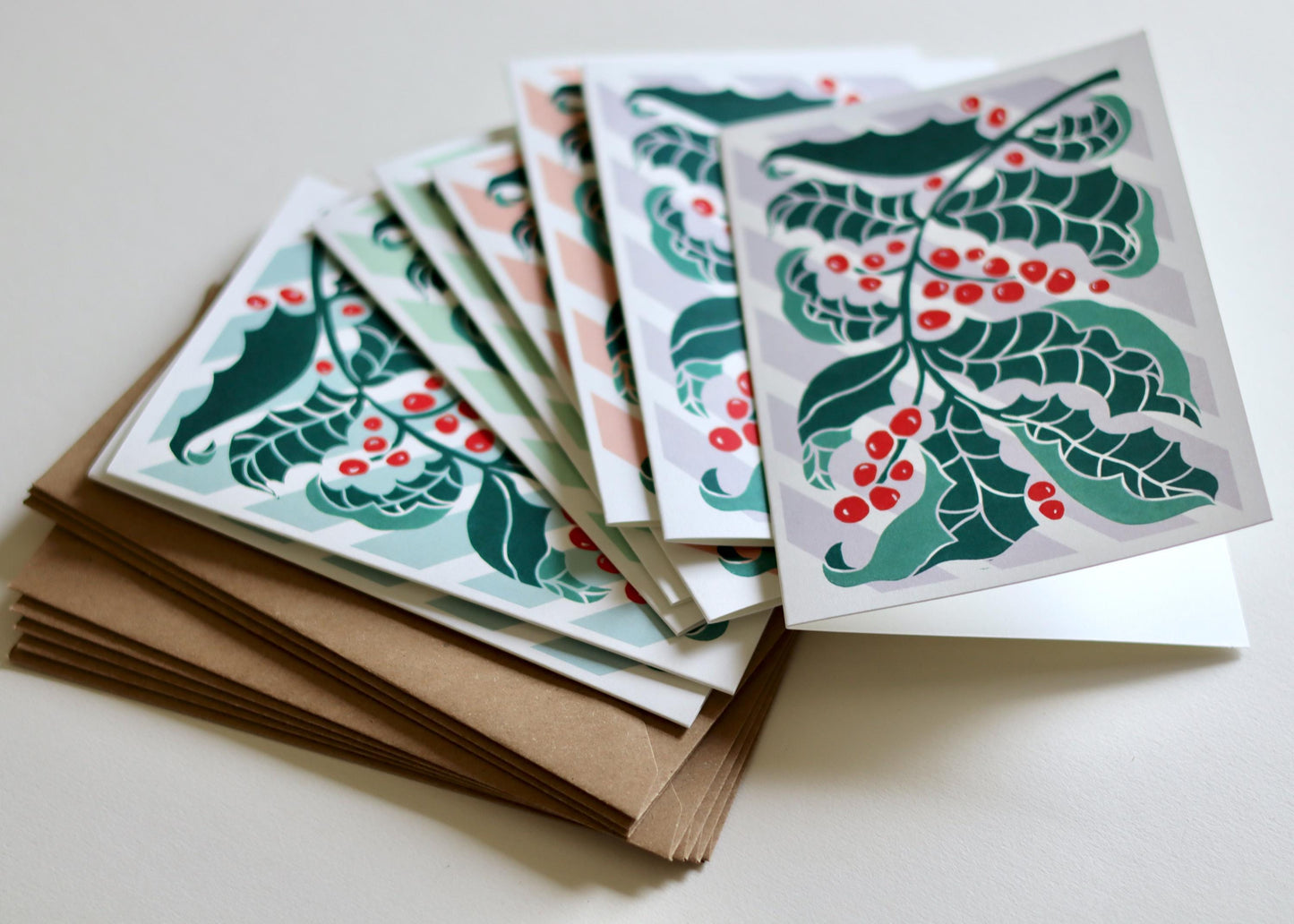 Candy Stripes & Holly Leaves Linocut Notecards - Set of 8 | Winter Holly Leaves Note Cards / Pastel Festive Christmas Card Set and Envelopes