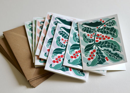 Candy Stripes & Holly Leaves Linocut Notecards - Set of 8 | Winter Holly Leaves Note Cards / Pastel Festive Christmas Card Set and Envelopes