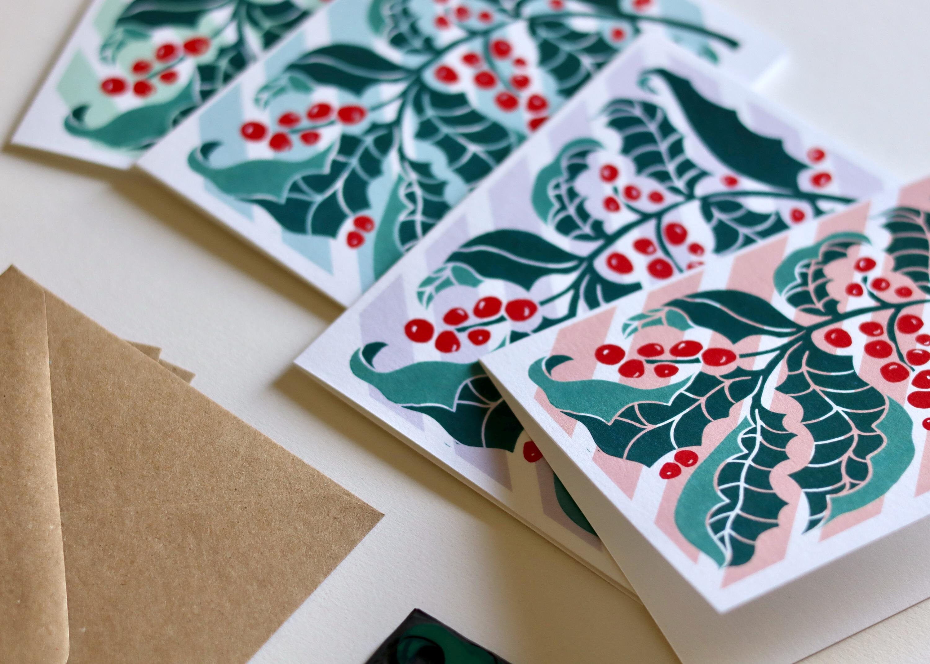Luxury Candy Stripes & Holly Leaves Christmas Card - Set of 4 | Linocut Holly Pastel Holiday Card Set and Envelopes, Luxury Cotton Art Cards