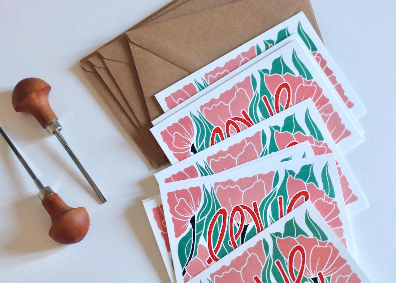 Love Amongst the Flowers Notecards - Set of 8 | Linocut Abstract Flower Note Cards / Thank You, Valentines, Engagement / Cards & Envelopes