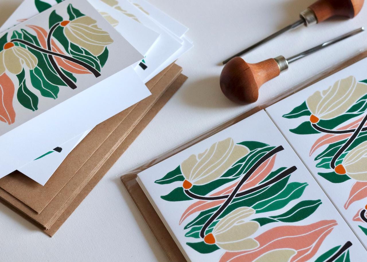 January Snowdrops Linocut Notecards - Set of 8 | Winter birth flower Note Cards / Thank You Cards / Birth Announcement Cards & Envelopes