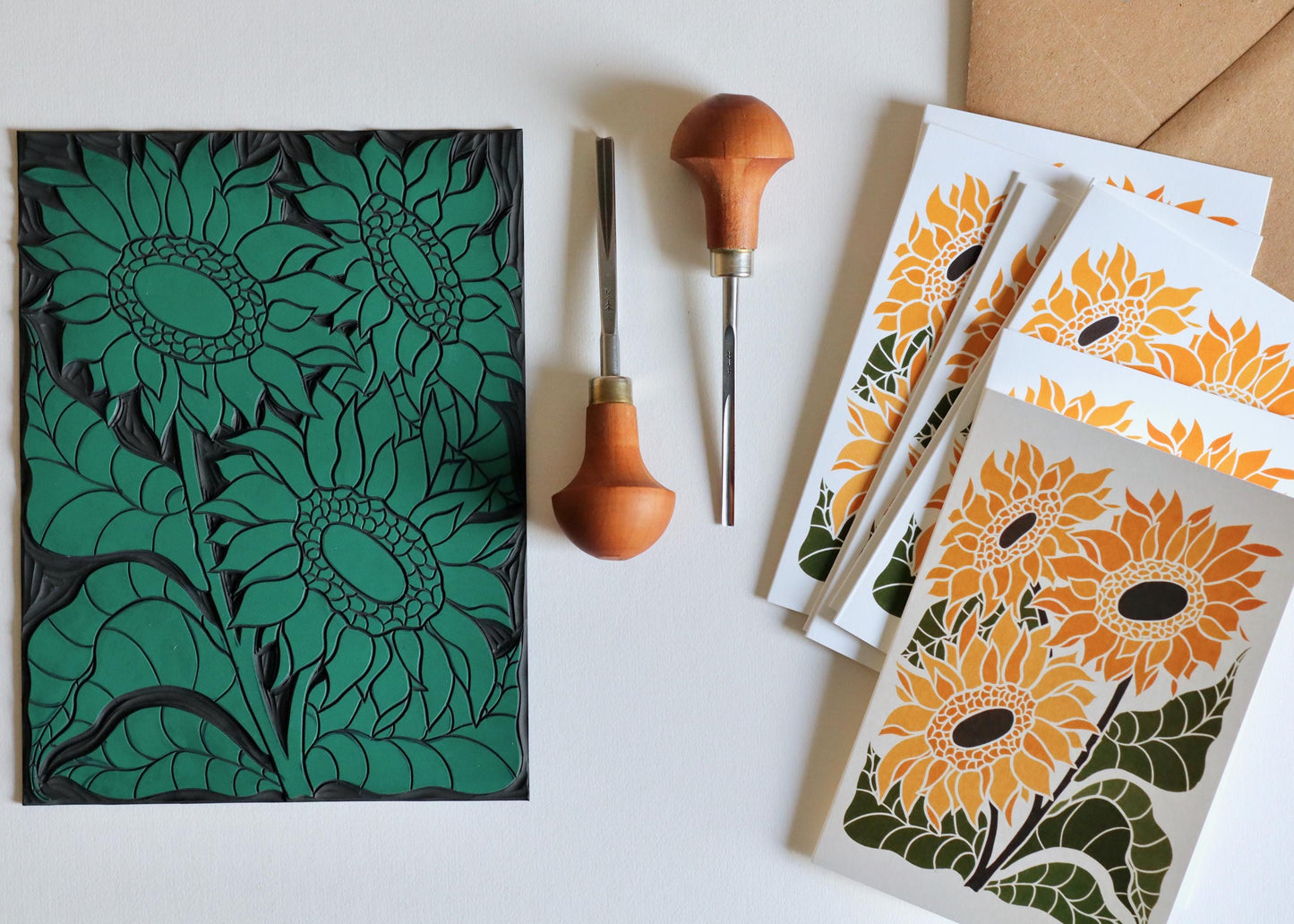 Linocut Joy Bloom Sunflowers Notecards - Set of 8 | Summer Sunflower Note Cards / Thank You Cards / Correspondence Cards & Envelopes