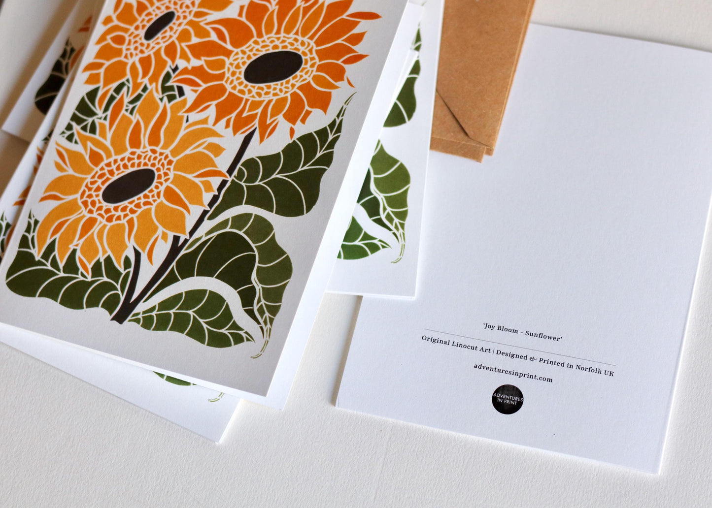 Linocut Joy Bloom Sunflowers Notecards - Set of 8 | Summer Sunflower Note Cards / Thank You Cards / Correspondence Cards & Envelopes