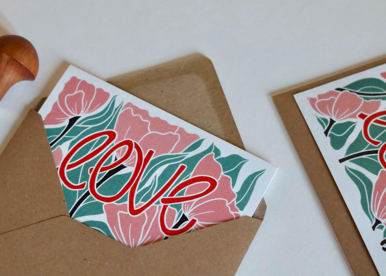 Love Amongst the Flowers / Valentine's Day / Love, Friendship, Romantic, Engagement, Floral linocut Greeting Card - Single Card & Envelope