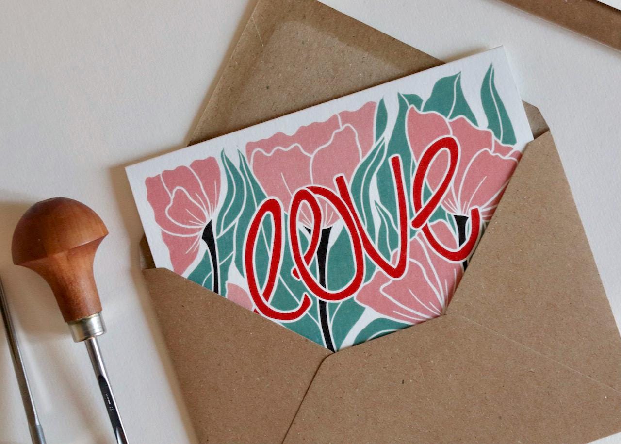 Small batch printed linocut artwork greeting cards are printed by Pamela at her Norfolk studio.