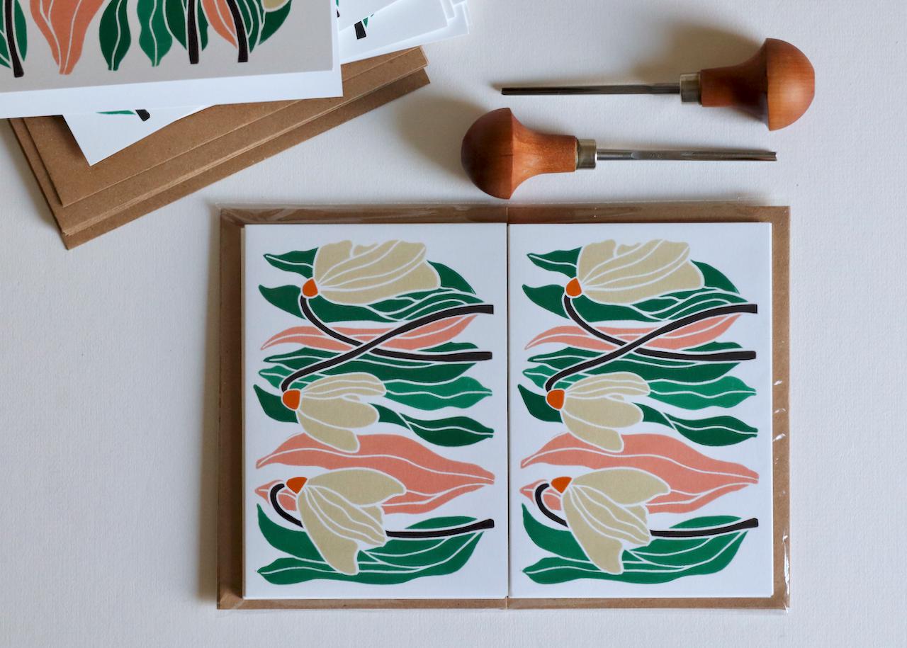 January Snowdrops Linocut Notecards - Set of 8 | Winter birth flower Note Cards / Thank You Cards / Birth Announcement Cards & Envelopes