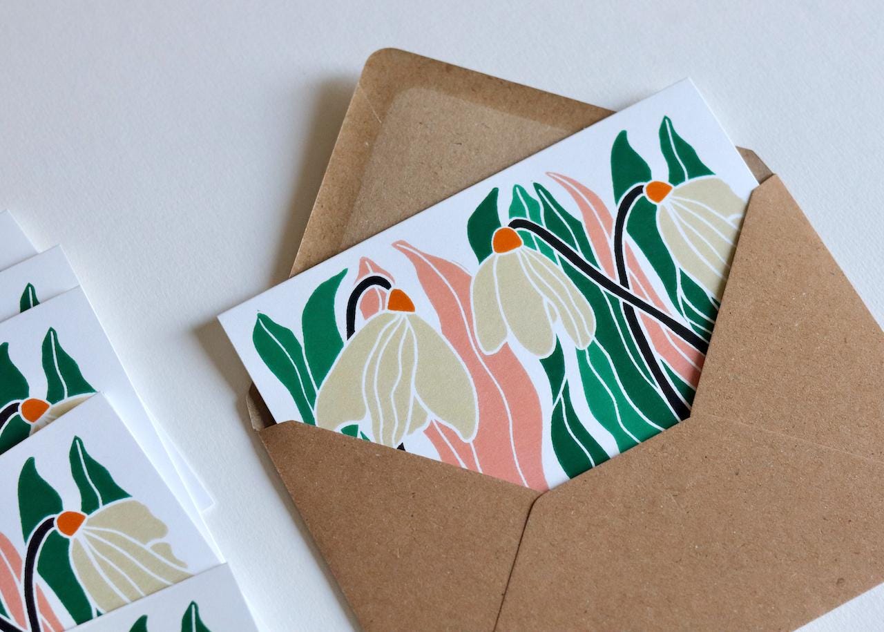 January Snowdrops Linocut Notecards - Set of 8 | Winter birth flower Note Cards / Thank You Cards / Birth Announcement Cards & Envelopes