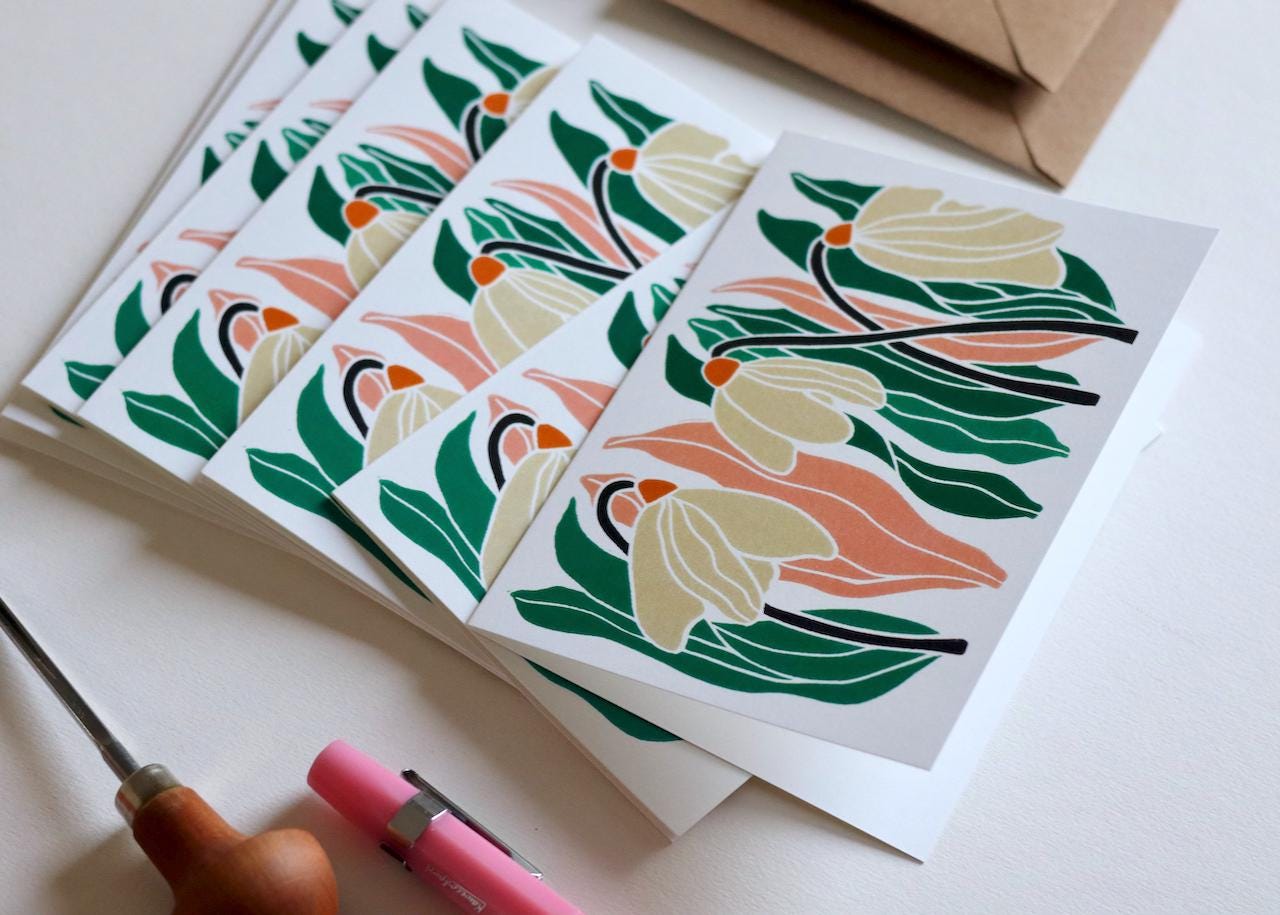 January Snowdrops Linocut Notecards - Set of 8 | Winter birth flower Note Cards / Thank You Cards / Birth Announcement Cards & Envelopes