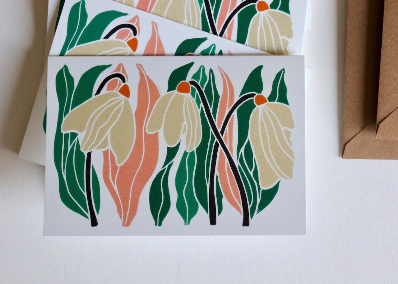 Our linocut snowdrop notecards are small batch printed in Norfolk UK and are perfect for thank you cards, birth announcements and notes to loved ones.