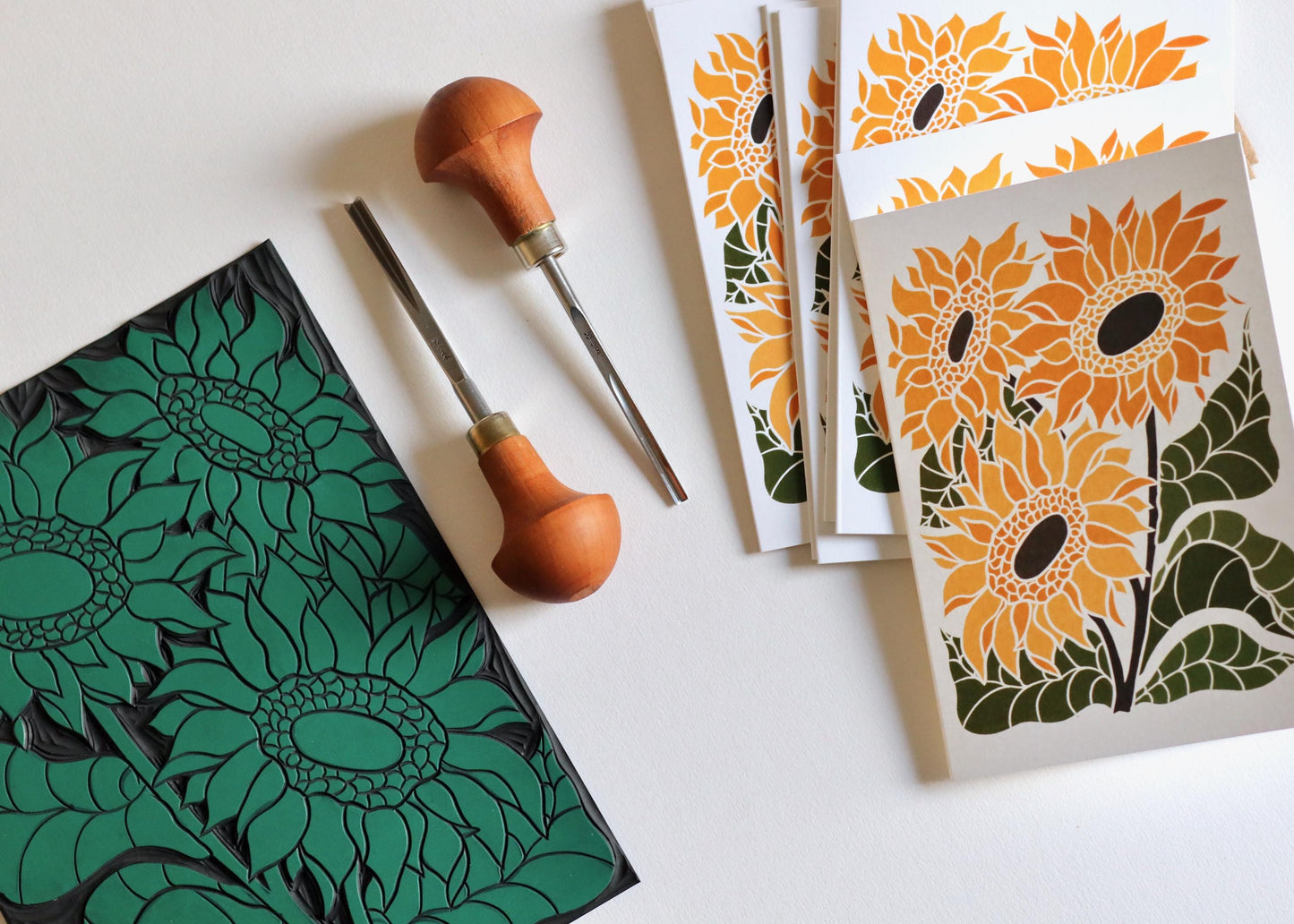 Linocut Joy Bloom Sunflowers Notecards - Set of 8 | Summer Sunflower Note Cards / Thank You Cards / Correspondence Cards & Envelopes