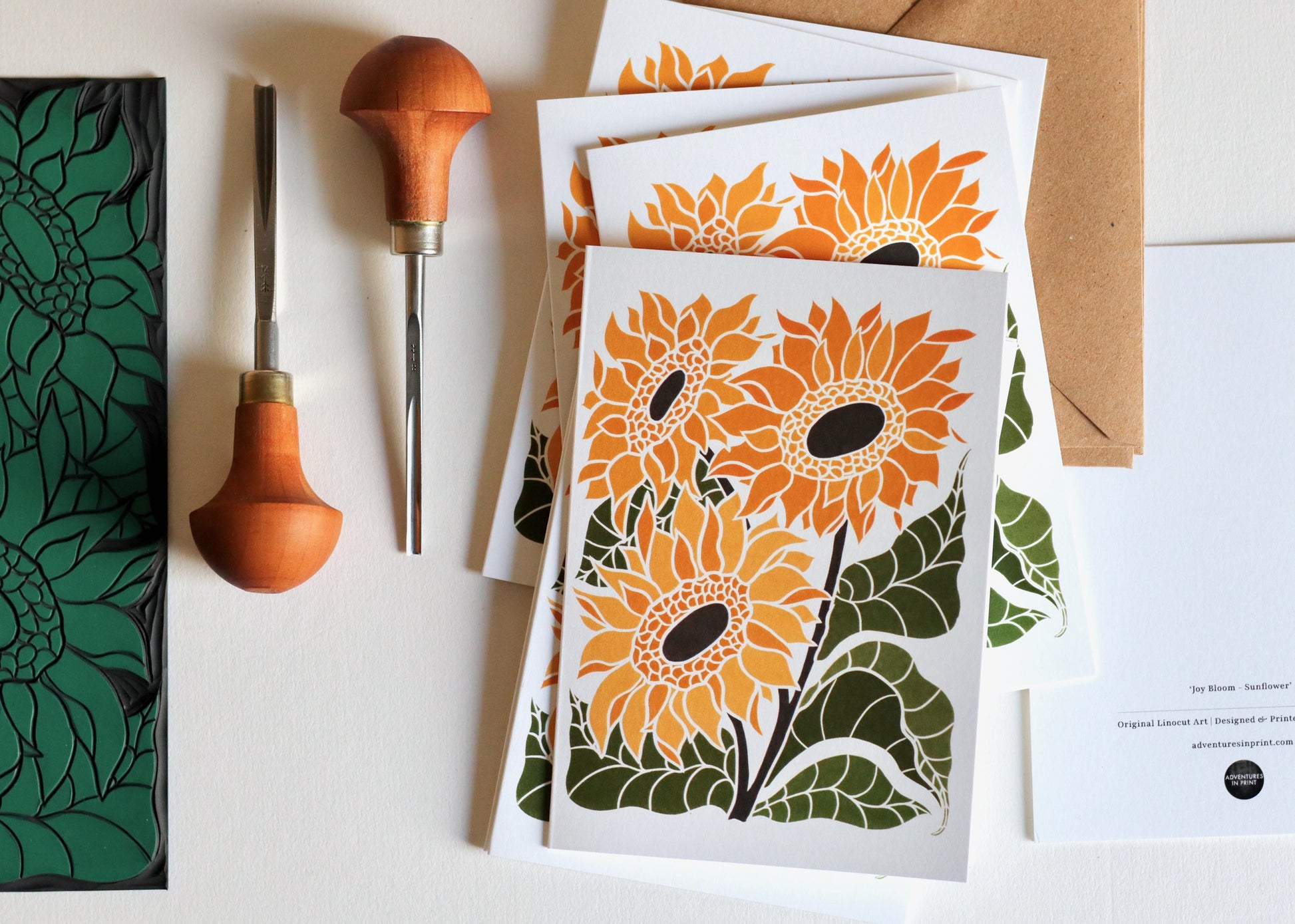 Linocut Joy Bloom Sunflowers Notecards - Set of 8 | Summer Sunflower Note Cards / Thank You Cards / Correspondence Cards & Envelopes