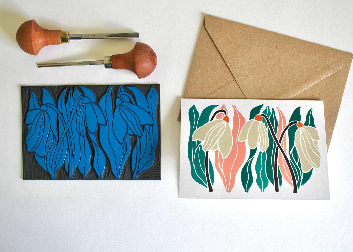 Snowdrops Linocut Art Greeting Card - Single Card & Envelope